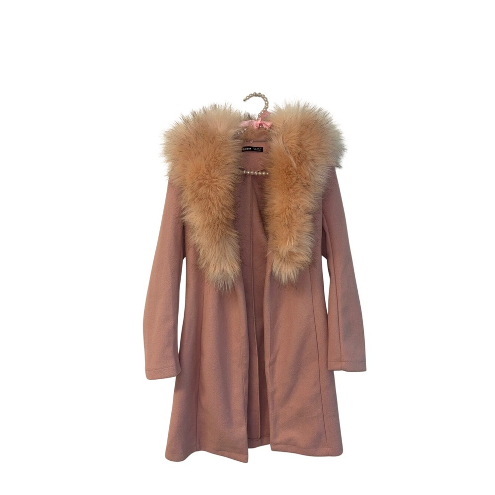 Pink Trench Coat lux Faux-Fur Collar penny lane jacket chore coat Sz Xs Y2K VTG